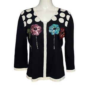Jack B Quick Vintage Sweater Black Sequin Flower Lightweight Cardigan Size M